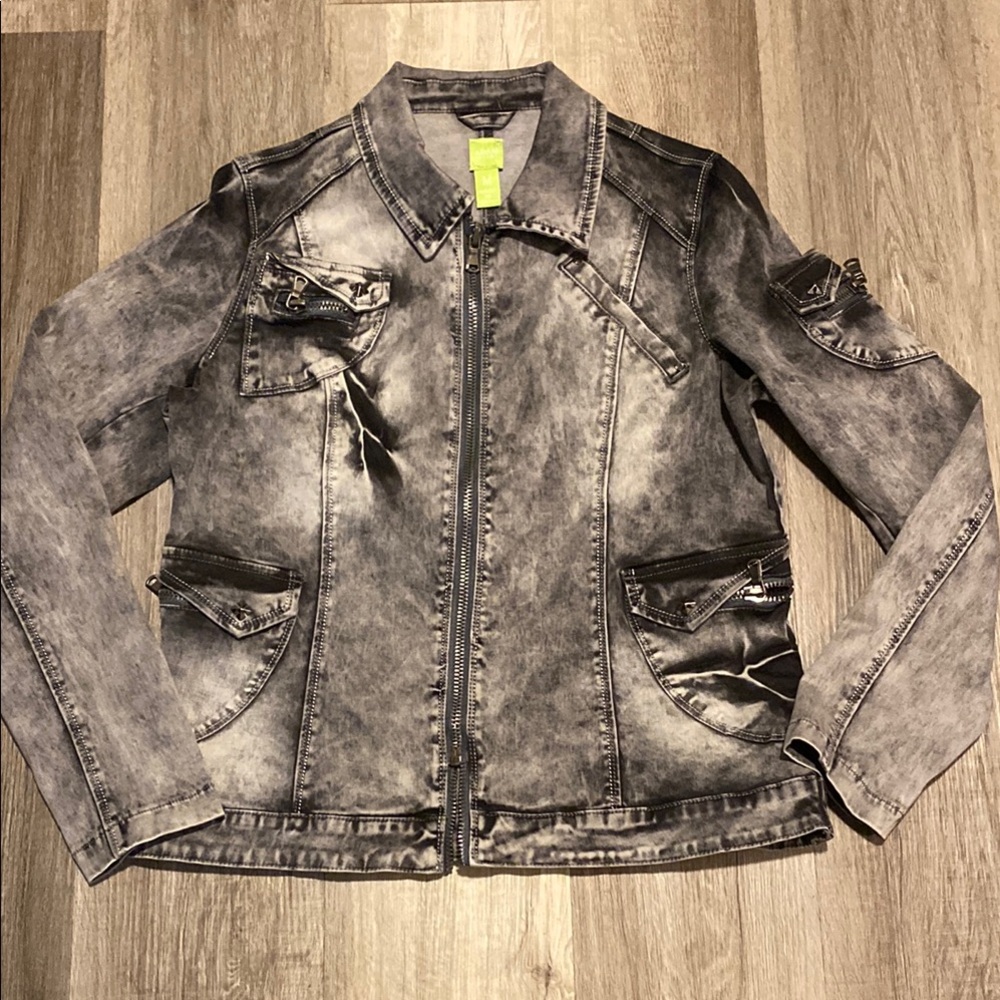 Adam Jacobs Stylish Gray Denim jean stretch full zip Jacket size M